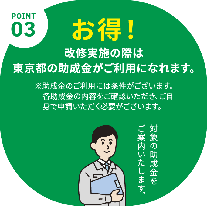 POINT03 お得！ 改修実施の際は東京都の助成金がご利用になれます。※助成金のご利用には条件がございます。各助成金の内容をご確認いただき、ご自身で申請いただく必要がございます。